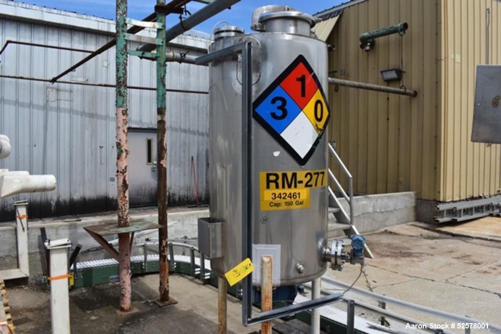 Used Nova Fabricating 150 Gallon Tank, 316L Stainless Steel, Vertical. Approximate 30" diameter x 54" straight side. Dished bottom. Internal rated 1.50 psi at 250 degrees F. Openings top: 12" with co...