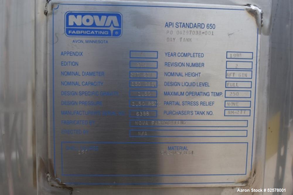 Used Nova Fabricating 150 Gallon Tank, 316L Stainless Steel, Vertical. Approximate 30" diameter x 54" straight side. Dished bottom. Internal rated 1.50 psi at 250 degrees F. Openings top: 12" with co...