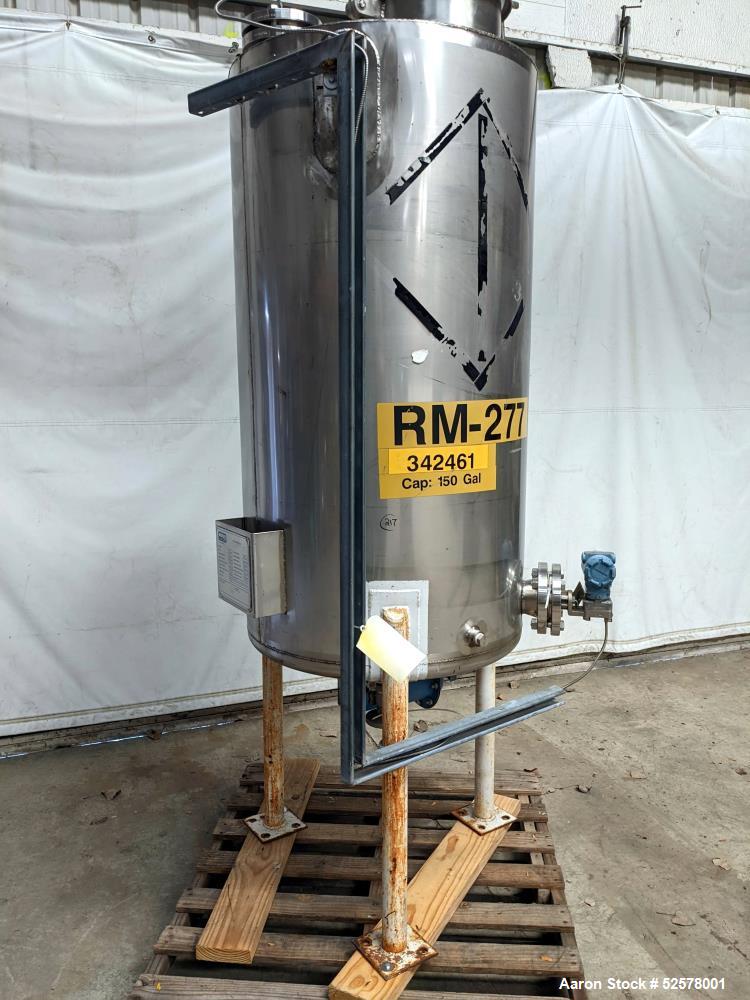 Used Nova Fabricating 150 Gallon Tank, 316L Stainless Steel, Vertical. Approximate 30" diameter x 54" straight side. Dished bottom. Internal rated 1.50 psi at 250 degrees F. Openings top: 12" with co...