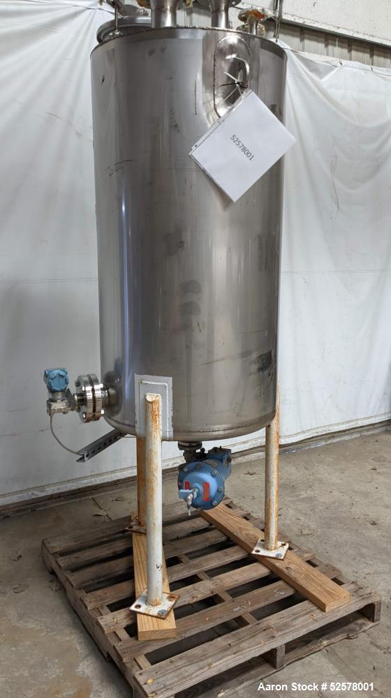 Used Nova Fabricating 150 Gallon Tank, 316L Stainless Steel, Vertical. Approximate 30" diameter x 54" straight side. Dished bottom. Internal rated 1.50 psi at 250 degrees F. Openings top: 12" with co...