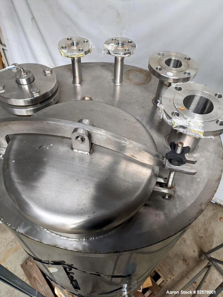 Used Nova Fabricating 150 Gallon Tank, 316L Stainless Steel, Vertical. Approximate 30" diameter x 54" straight side. Dished bottom. Internal rated 1.50 psi at 250 degrees F. Openings top: 12" with co...
