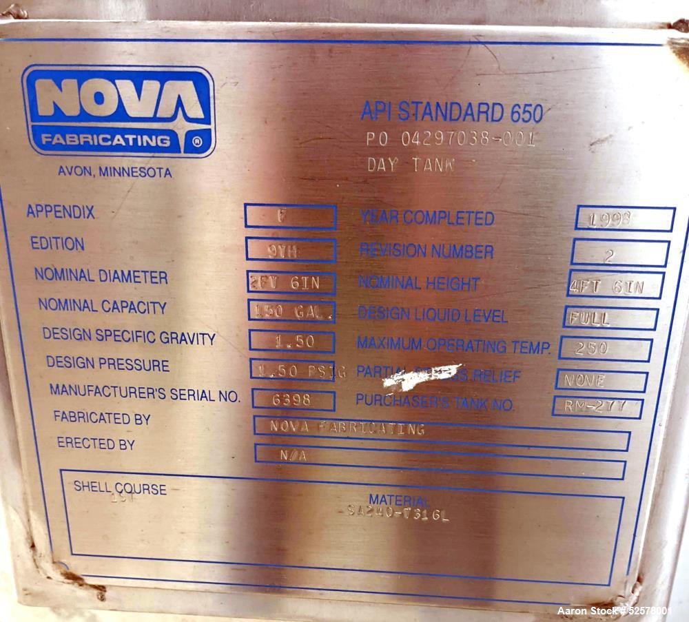 Used Nova Fabricating 150 Gallon Tank, 316L Stainless Steel, Vertical. Approximate 30" diameter x 54" straight side. Dished bottom. Internal rated 1.50 psi at 250 degrees F. Openings top: 12" with co...