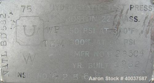 Used O.G. Kelley Co. Pressure Tank, 55 gallon, 304 stainless steel, vertical. 24'' diameter x 27'' straight side, dished top and bottom. Internal rated 50 psi at 300 deg F. Openings: top 10'' with co...