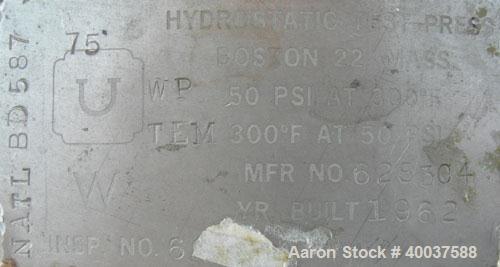 Used O.G. Kelley Co. Pressure Tank, 55 gallon, 304 stainless steel, vertical. 24'' diameter x 27'' straight side, dished top and bottom. Internal rated 50 psi at 300 deg F. Openings: top 10'' with co...