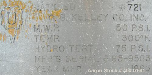 Used O.G. Kelley Co. Pressure Tank, 55 gallon, 304 stainless steel, vertical. 24'' diameter x 27'' straight side, dished top and bottom. Internal rated 50 psi at 300 deg F. Openings: top 10'' with co...