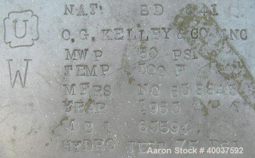 Used O.G. Kelley Co. Pressure Tank, 55 gallon, 304 stainless steel, vertical. 24'' diameter x 27'' straight side, dished top and bottom. Internal rated 50 psi at 300 deg F. Openings: top 10'' with co...