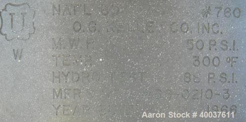 Used O.G. Kelley Co. Pressure Tank, 55 gallon, 304 stainless steel, vertical. 24'' diameter x 27'' straight side, dished top and bottom. Internal rated 50 psi at 300 deg F. Openings: top 10'' with co...