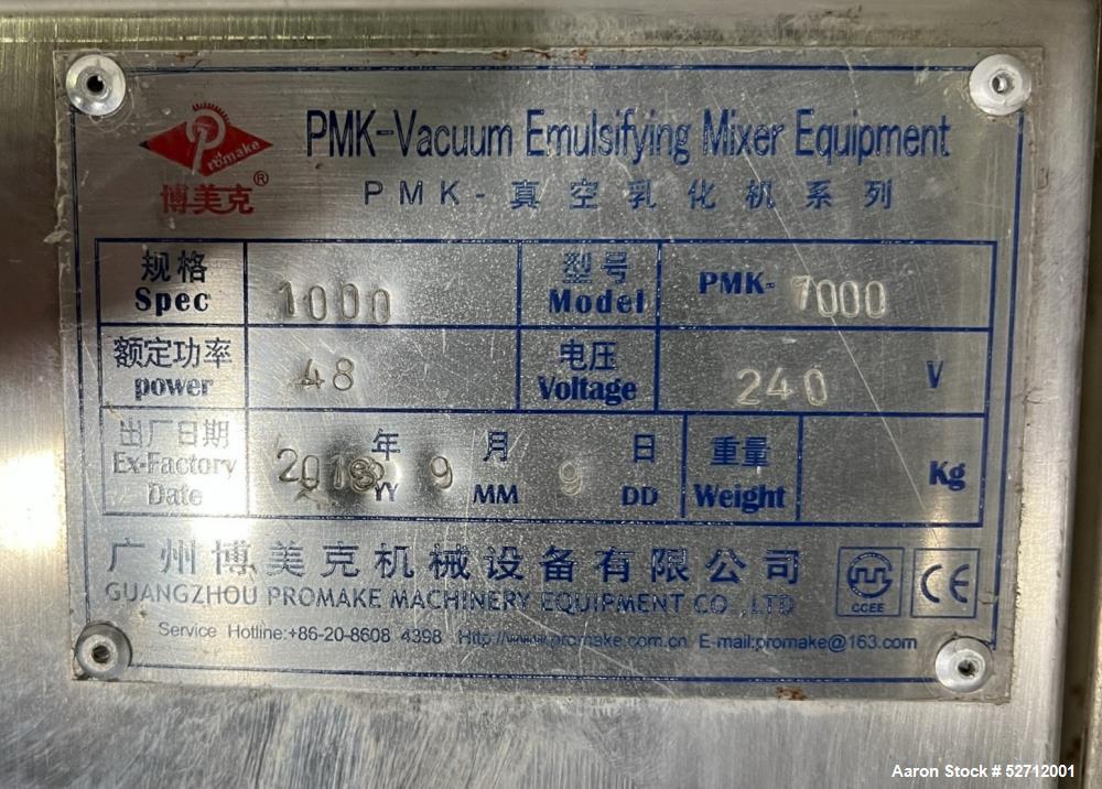 Guangzhou Promake Machinery Model PMK-1000, 1,000 Liter (264 Gal) Capacity PMK-Vacuum Emulsifying Mixer