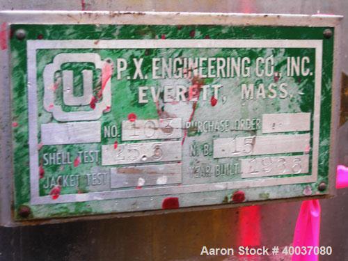 Used P.X. Engineering Pressure Tank, 400 Gallon, 304 Stainless Steel, Vertical. 48'' diameter x 48'' straight side, dished top and bottom. Internal rated 15 psi at 200 deg F. Openings: top 3", 1", 18...