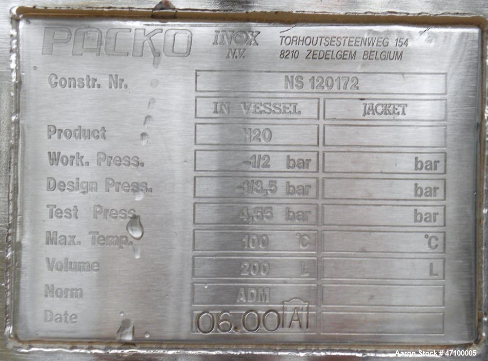 Used Packo Inox Pressure Tank, 52.8 Gallon (200 Liter), 316 Stainless Steel, Vertical. Approximate 20 diameter x 34 straight side. Flat bolt on top, dished bottom. Internal rated 14.5 psi/50 psi (-1/...