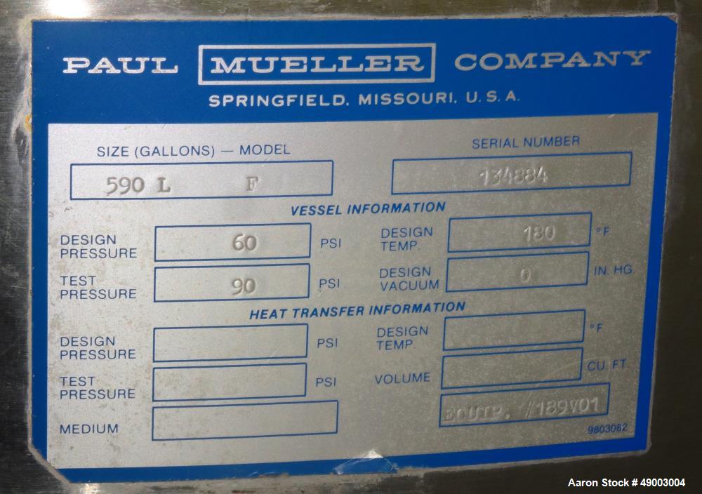 Used Mueller Pressure Tank, 590 Liter (155.86 Gallon).