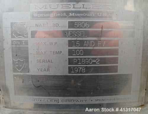 Used Mueller Pressure Tank, 275 Gallon, 316 Stainless Steel, Vertical. 46" diameter x 54" straight side. Dish top and bottom. Internal rated 15 psi and FV at 100 deg F. Openings: top (2) 1-1/2" NPT, ...