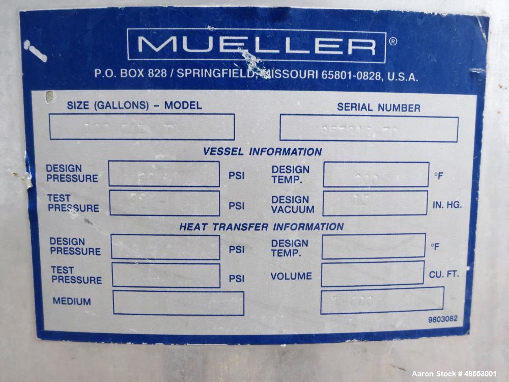 Used Paul Mueller Pressure Tank, 100 Gallon, 304 Stainless Steel, Vertical.