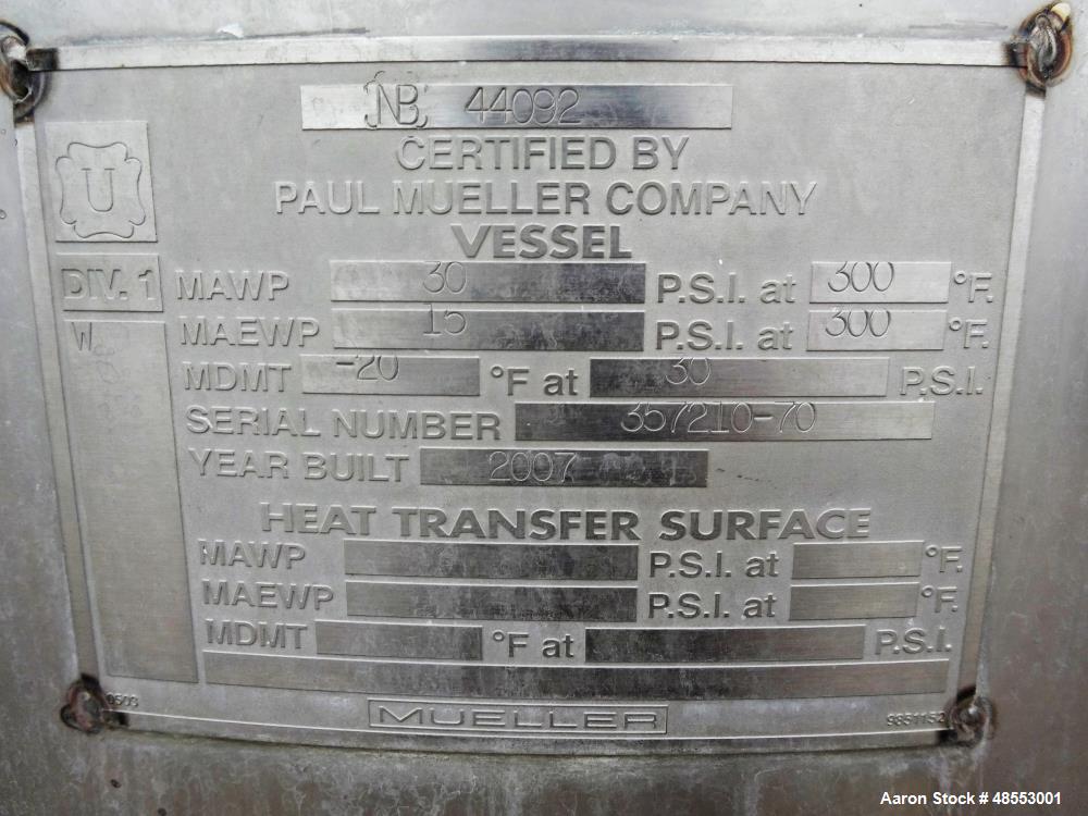Used Paul Mueller Pressure Tank, 100 Gallon, 304 Stainless Steel, Vertical.