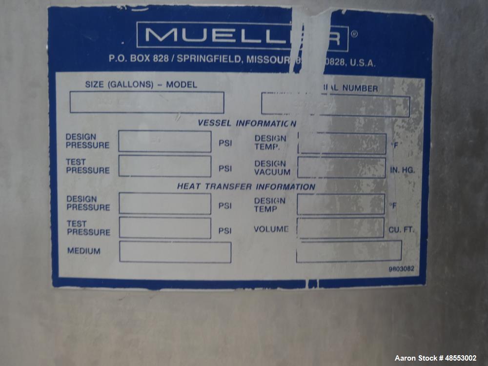 Used Paul Mueller Pressure Tank, 100 Gallon, 304 Stainless Steel, Vertical.