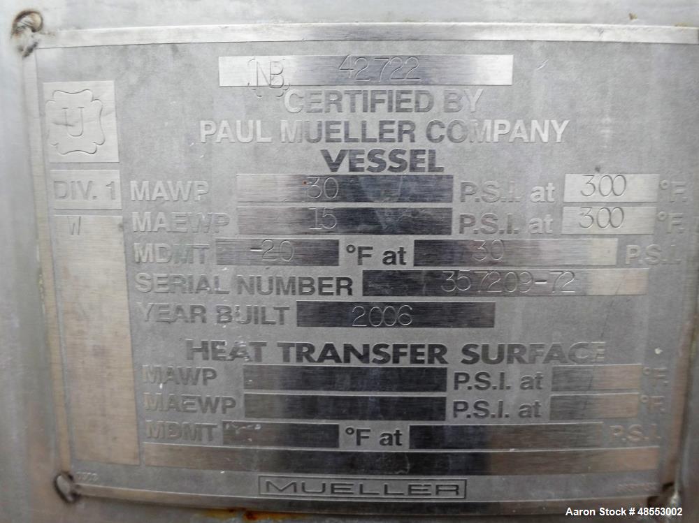 Used Paul Mueller Pressure Tank, 100 Gallon, 304 Stainless Steel, Vertical.