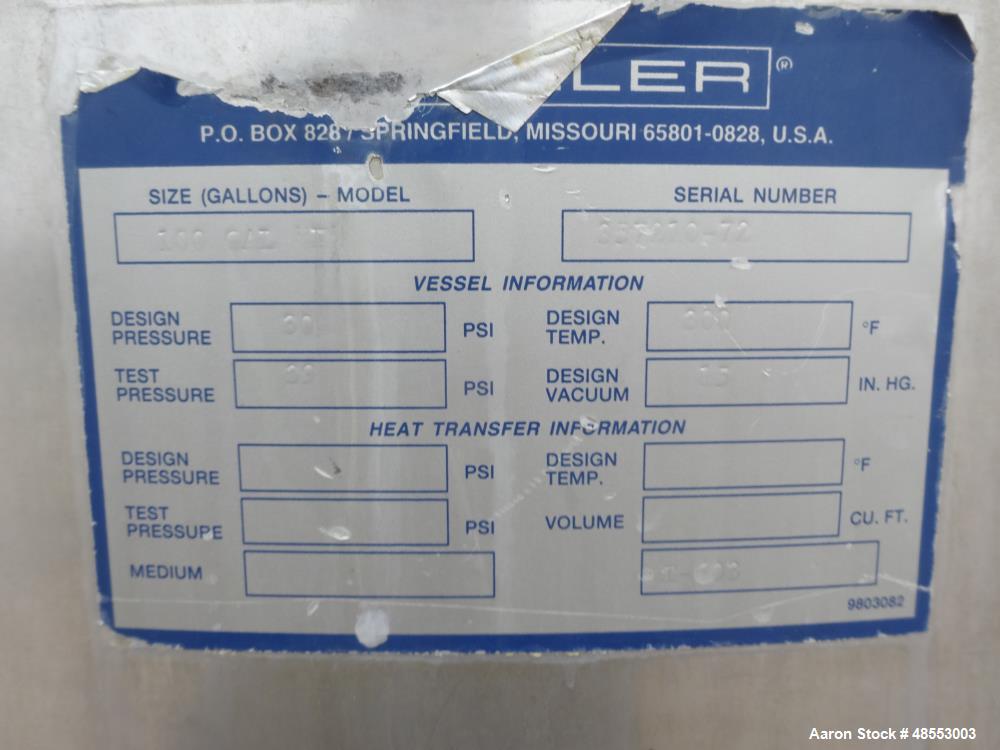Used Paul Mueller Pressure Tank, 100 Gallon, 304 Stainless Steel, Vertical.