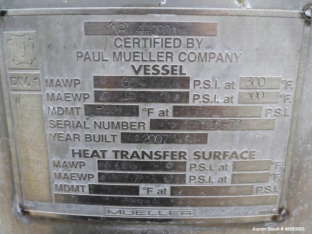 Used Paul Mueller Pressure Tank, 100 Gallon, 304 Stainless Steel, Vertical.
