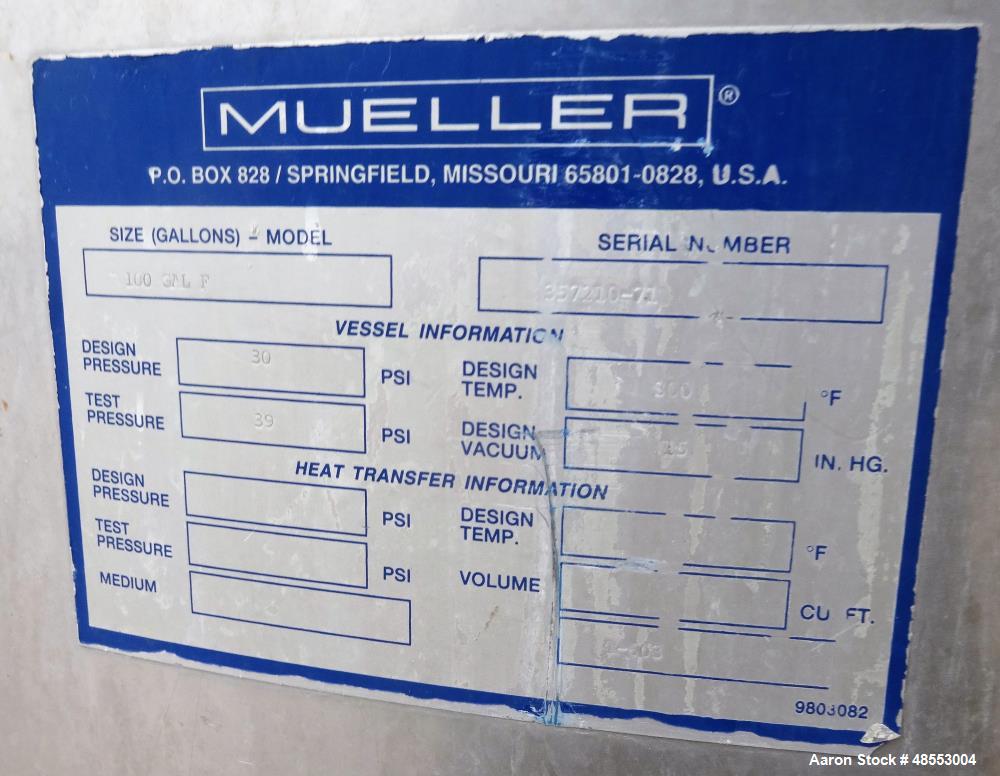 Used Paul Mueller Pressure Tank, 100 Gallon, 304 Stainless Steel, Vertical.