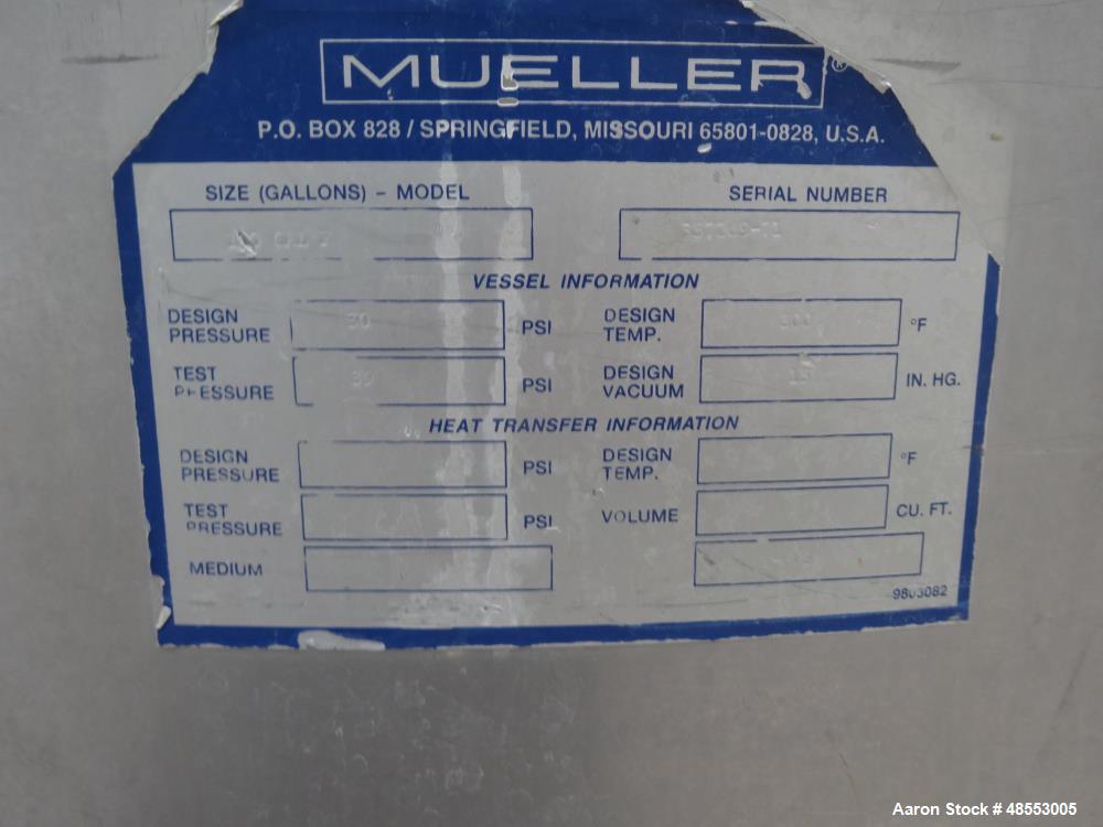 Used Paul Mueller Pressure Tank, 100 Gallon, 304 Stainless Steel, Vertical.