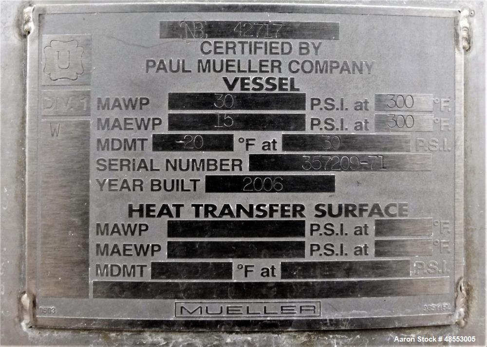 Used Paul Mueller Pressure Tank, 100 Gallon, 304 Stainless Steel, Vertical.