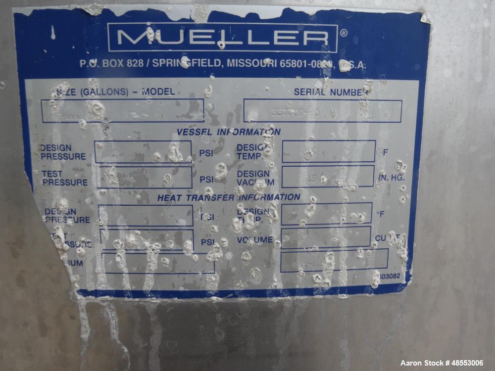 Used Paul Mueller Tank, 100 Gallon, 304 Stainless Steel, Vertical.