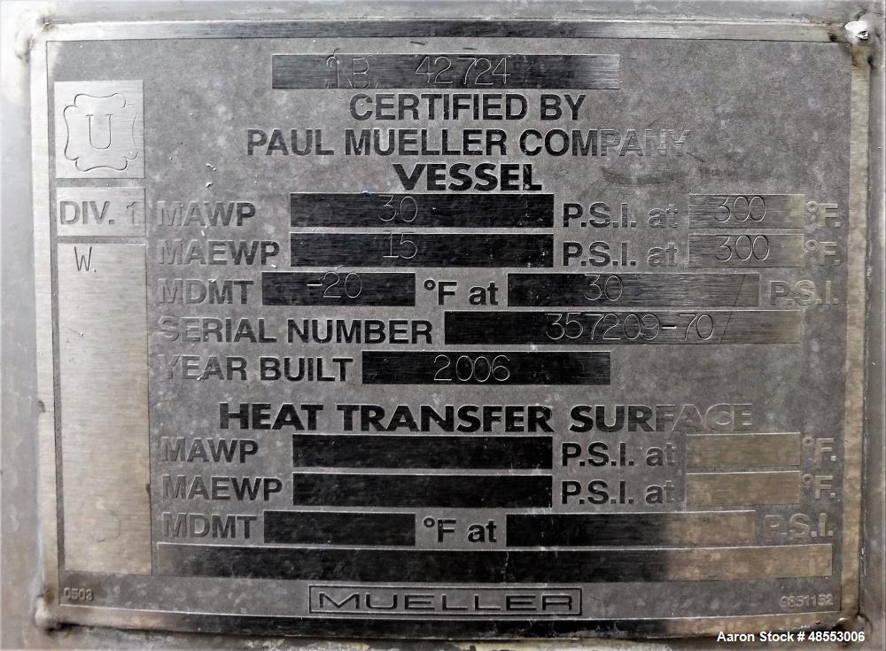 Used Paul Mueller Tank, 100 Gallon, 304 Stainless Steel, Vertical.