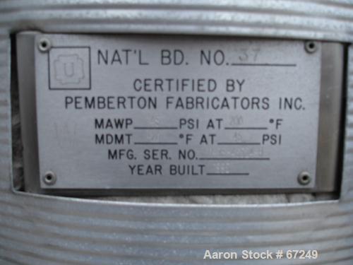 Used Pemberton Fabricators Pressure Tank, 20 Gallon, 304 Stainless Steel, Vertical. 16" Diameter x 23" straight side, dished top and bottom, internal rated 45 psi at 200 deg F. Includes a Watlow hori...