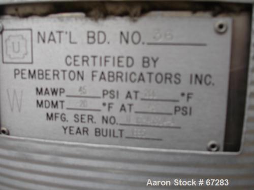 USED: Pemberton Fabricators pressure tank, 20 gallon, 304 stainlesssteel, vertical. 16" diameter x 23" straight side. Dished top andbottom, internal rated 45 psi at 200 deg F. Includes a Watlowhorizo...