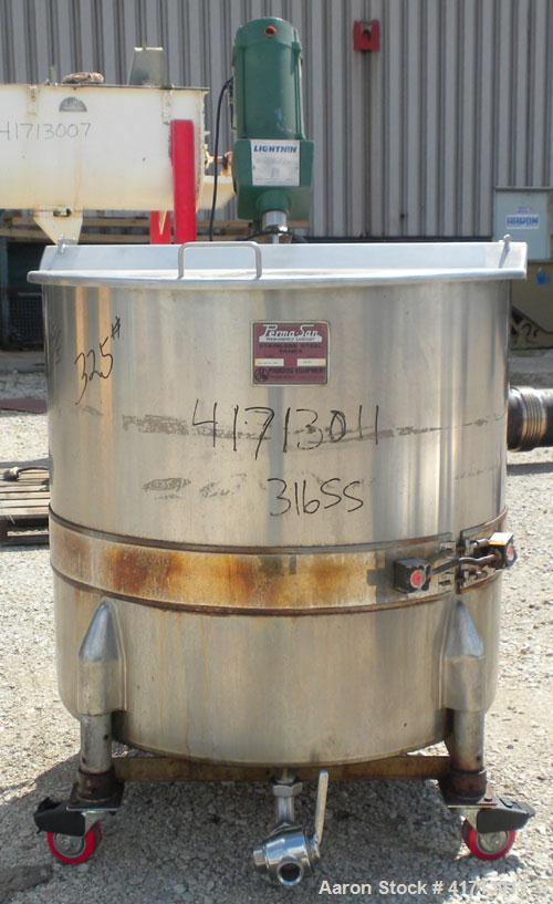 Used Perma San Tank, 170 Gallon, Model 170 GAL OVS, 316 Stainless Steel, Vertical.  38 1/2" diameter x 35 1/2" straight side, flat top with hinged cover, sloped bottom.  Lightnin model XJ-33 clamp on...