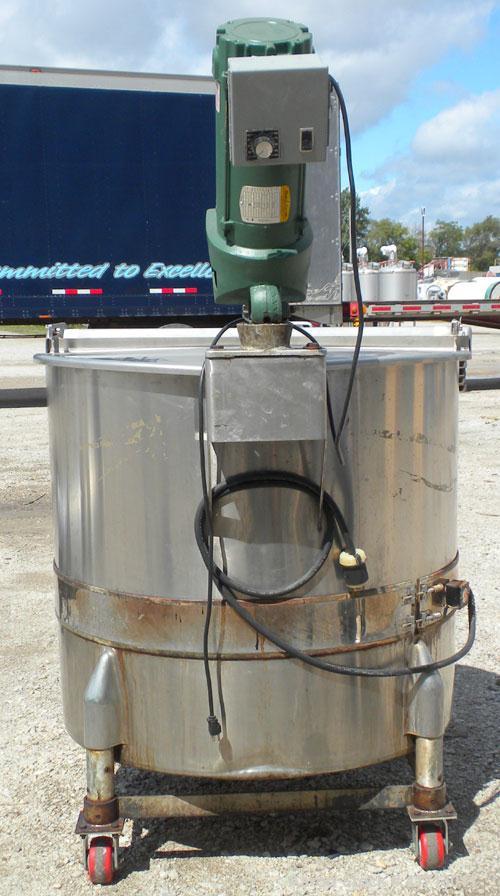 Used Perma San Tank, 170 Gallon, Model 170 GAL OVS, 316 Stainless Steel, Vertical.  38 1/2" diameter x 35 1/2" straight side, flat top with hinged cover, sloped bottom.  Lightnin model XJ-33 clamp on...