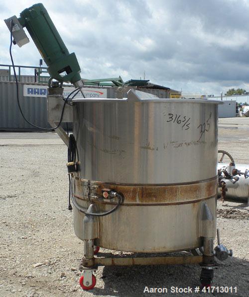 Used Perma San Tank, 170 Gallon, Model 170 GAL OVS, 316 Stainless Steel, Vertical.  38 1/2" diameter x 35 1/2" straight side, flat top with hinged cover, sloped bottom.  Lightnin model XJ-33 clamp on...