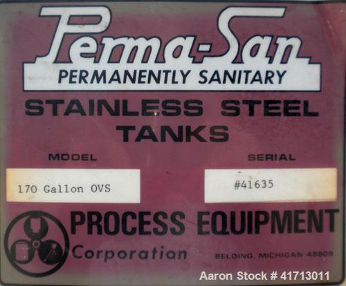 Used Perma San Tank, 170 Gallon, Model 170 GAL OVS, 316 Stainless Steel, Vertical.  38 1/2" diameter x 35 1/2" straight side, flat top with hinged cover, sloped bottom.  Lightnin model XJ-33 clamp on...