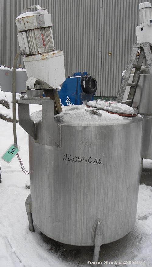 Used Perma-San Tank, 300 Gallon, Model CVC, 304 Stainless Steel, Vertical. 46" diameter x 41" straight side, dish top, slight dished bottom. Off center top entering Lightning agitator, model ND-4A. 1...