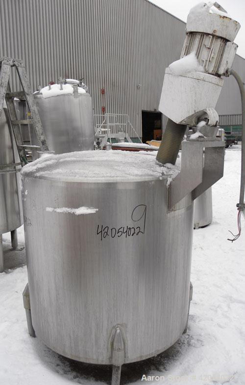 Used Perma-San Tank, 300 Gallon, Model CVC, 304 Stainless Steel, Vertical. 46" diameter x 41" straight side, dish top, slight dished bottom. Off center top entering Lightning agitator, model ND-4A. 1...