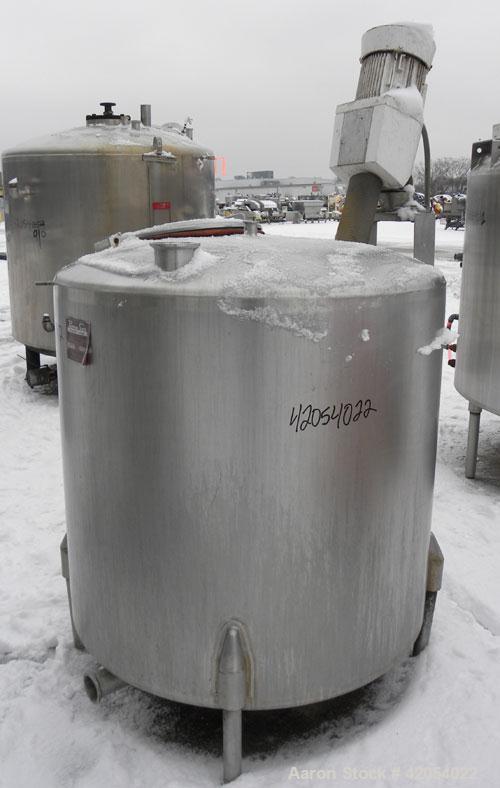 Used Perma-San Tank, 300 Gallon, Model CVC, 304 Stainless Steel, Vertical. 46" diameter x 41" straight side, dish top, slight dished bottom. Off center top entering Lightning agitator, model ND-4A. 1...
