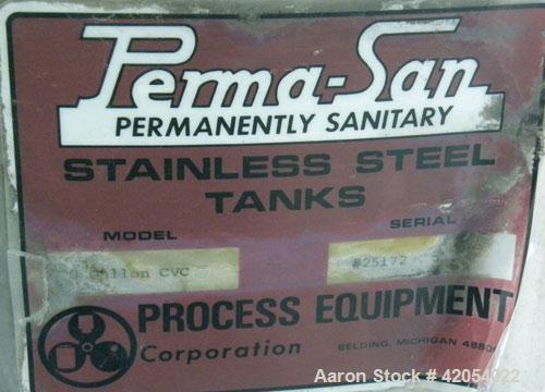 Used Perma-San Tank, 300 Gallon, Model CVC, 304 Stainless Steel, Vertical. 46" diameter x 41" straight side, dish top, slight dished bottom. Off center top entering Lightning agitator, model ND-4A. 1...