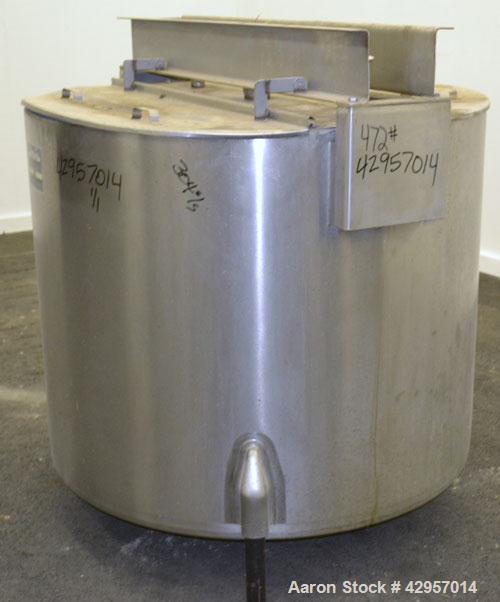 Used Perma-San Tank, 200 Gallon, Model KTL, 304 Stainless Steel, Vertical. 44’’ Diameter x 29’’ straight side. Open top with (2) 1/3 covers, coned bottom. Bolt on agitator bridge. 2’’ Tri-clamp cente...