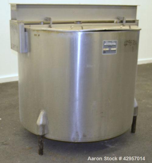 Used Perma-San Tank, 200 Gallon, Model KTL, 304 Stainless Steel, Vertical. 44’’ Diameter x 29’’ straight side. Open top with (2) 1/3 covers, coned bottom. Bolt on agitator bridge. 2’’ Tri-clamp cente...