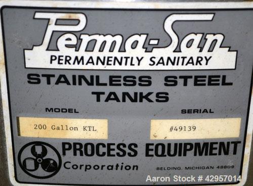 Used Perma-San Tank, 200 Gallon, Model KTL, 304 Stainless Steel, Vertical. 44’’ Diameter x 29’’ straight side. Open top with (2) 1/3 covers, coned bottom. Bolt on agitator bridge. 2’’ Tri-clamp cente...