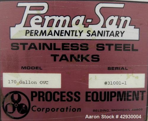 Used Perma-San Tank, 170 Gallon, Model OVC, 316 Stainless Steel, Vertical. 37" Diameter x 36" straight side. Open top, no cover, dished bottom. Provision for a clamp on agitator. 2" Center bottom out...