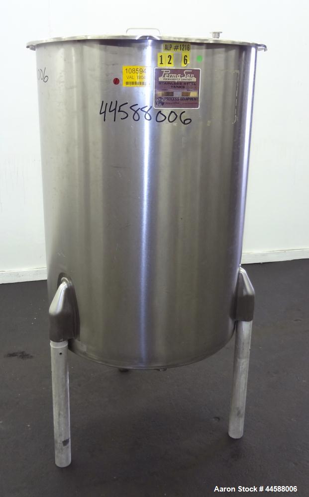 Used Perma-San Tank, 120 Gallons, Model OVS, 316 Stainless Steel, Vertical. Approximately 30" diameter x 41" straight side, open top with 1/2 hinged covers, sloped bottom.  Provision for a clamp on a...