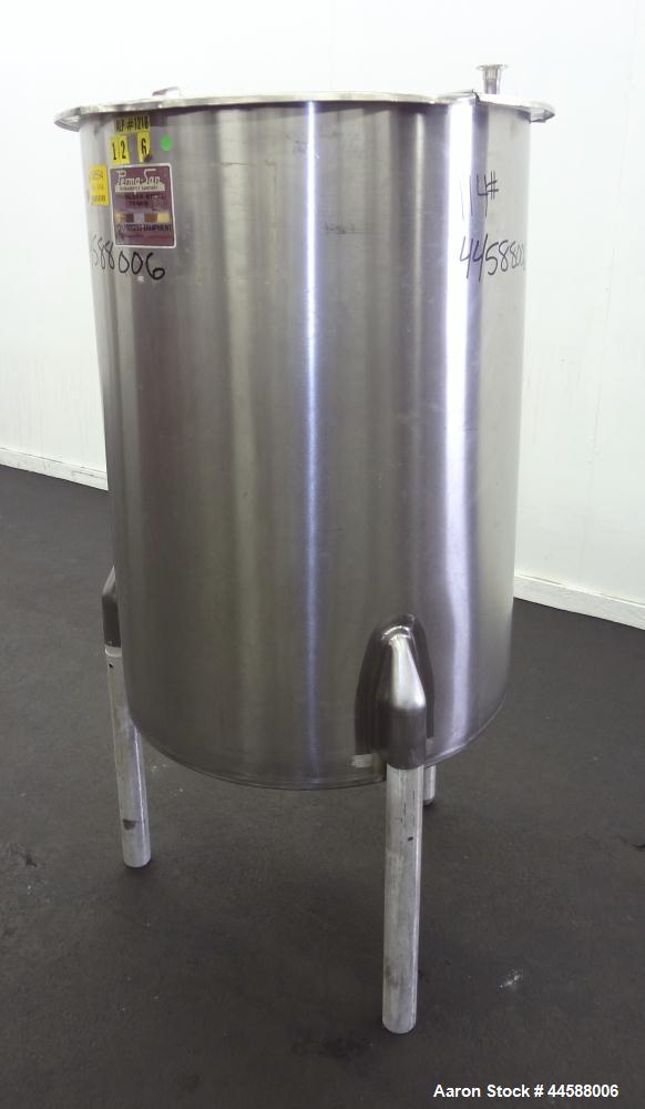 Used Perma-San Tank, 120 Gallons, Model OVS, 316 Stainless Steel, Vertical. Approximately 30" diameter x 41" straight side, open top with 1/2 hinged covers, sloped bottom.  Provision for a clamp on a...