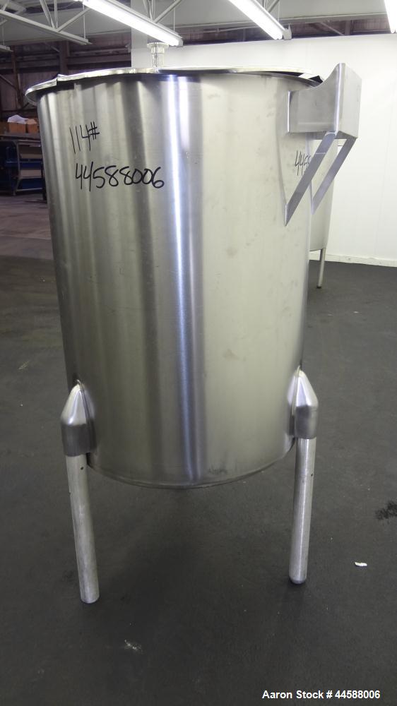 Used Perma-San Tank, 120 Gallons, Model OVS, 316 Stainless Steel, Vertical. Approximately 30" diameter x 41" straight side, open top with 1/2 hinged covers, sloped bottom.  Provision for a clamp on a...