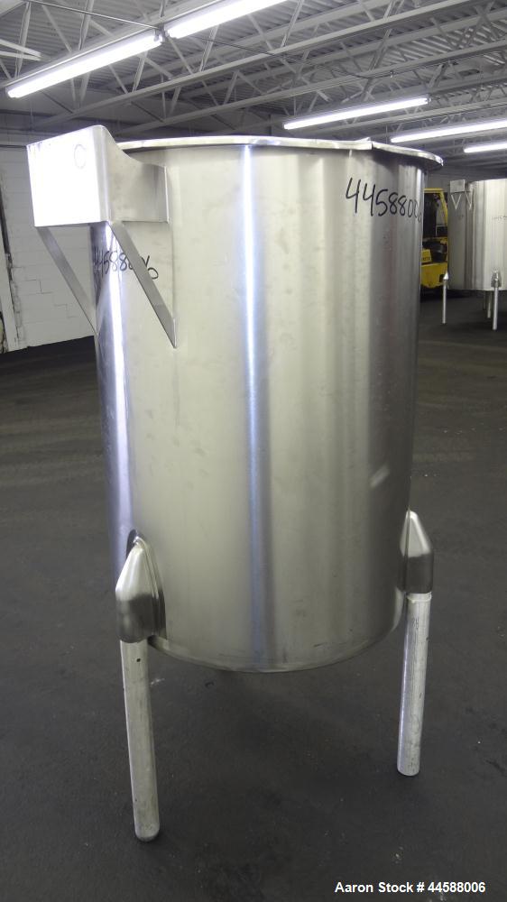 Used Perma-San Tank, 120 Gallons, Model OVS, 316 Stainless Steel, Vertical. Approximately 30" diameter x 41" straight side, open top with 1/2 hinged covers, sloped bottom.  Provision for a clamp on a...