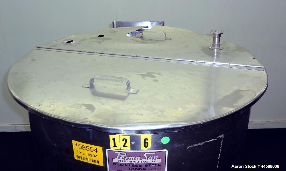 Used Perma-San Tank, 120 Gallons, Model OVS, 316 Stainless Steel, Vertical. Approximately 30" diameter x 41" straight side, open top with 1/2 hinged covers, sloped bottom.  Provision for a clamp on a...