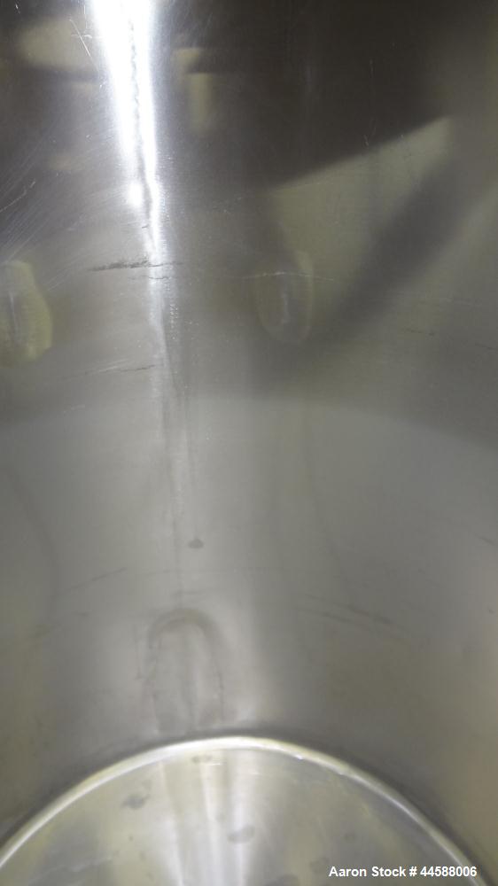 Used Perma-San Tank, 120 Gallons, Model OVS, 316 Stainless Steel, Vertical. Approximately 30" diameter x 41" straight side, open top with 1/2 hinged covers, sloped bottom.  Provision for a clamp on a...