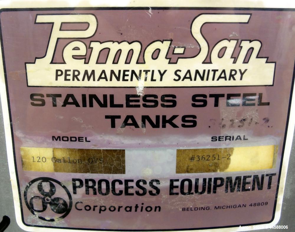 Used Perma-San Tank, 120 Gallons, Model OVS, 316 Stainless Steel, Vertical. Approximately 30" diameter x 41" straight side, open top with 1/2 hinged covers, sloped bottom.  Provision for a clamp on a...