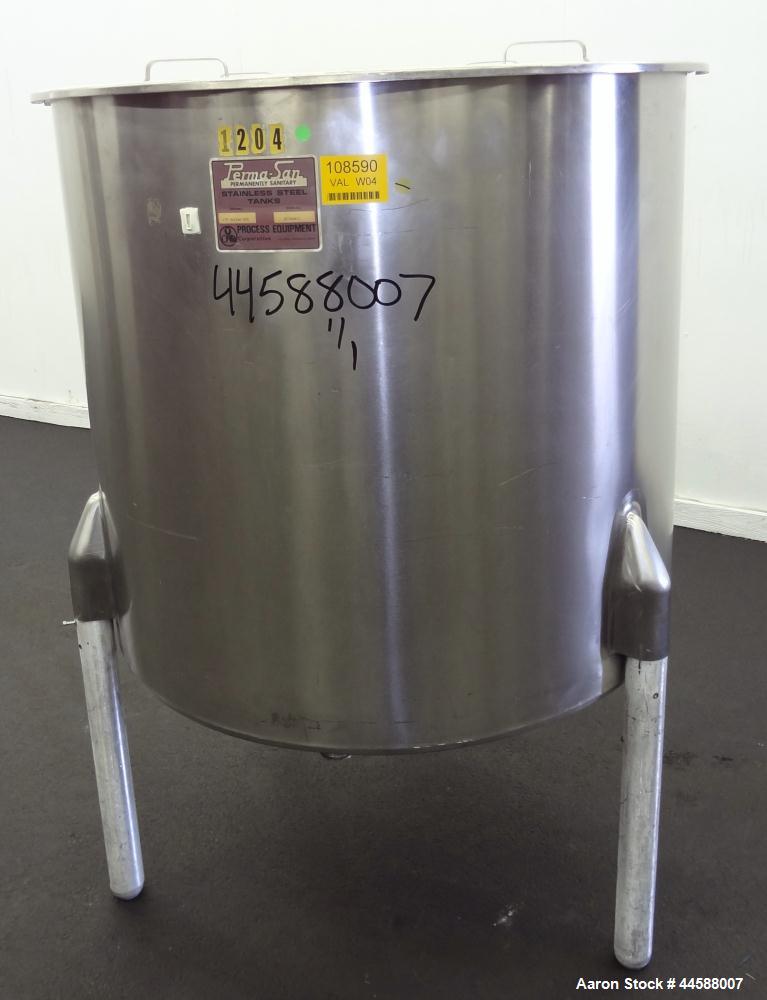 Used Perma-San Tank, 170 Gallons, Model OVS, 316 Stainless Steel, Vertical. Approximately 38-1/2” diameter x 44-1/2” straight side, open top with 1/2 hinged covers, sloped bottom.  Provision for a cl...