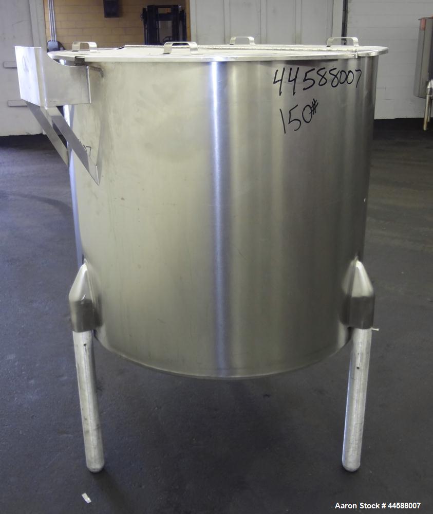 Used Perma-San Tank, 170 Gallons, Model OVS, 316 Stainless Steel, Vertical. Approximately 38-1/2” diameter x 44-1/2” straight side, open top with 1/2 hinged covers, sloped bottom.  Provision for a cl...